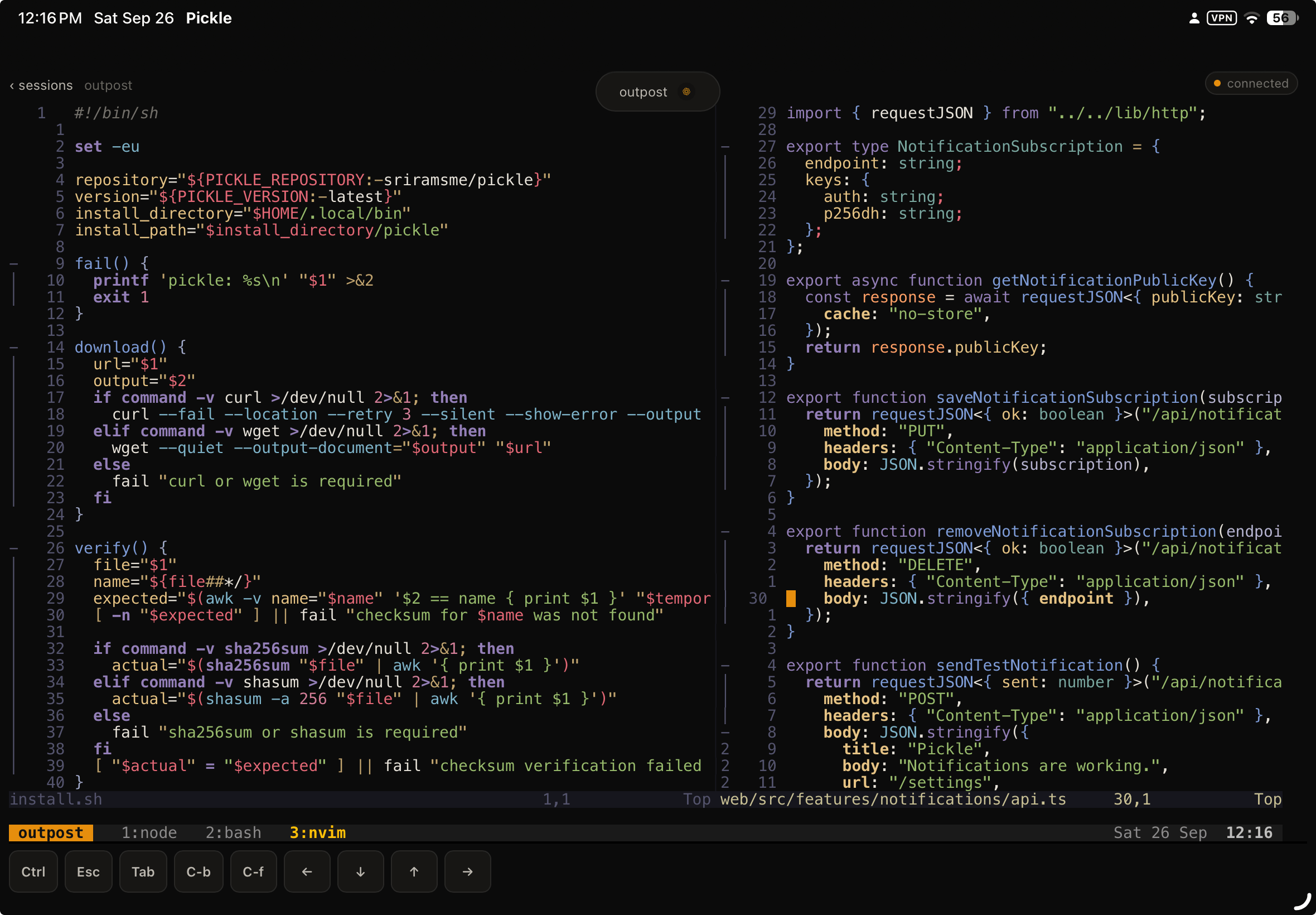 Accessing a tmux session through Pickle on an iPad